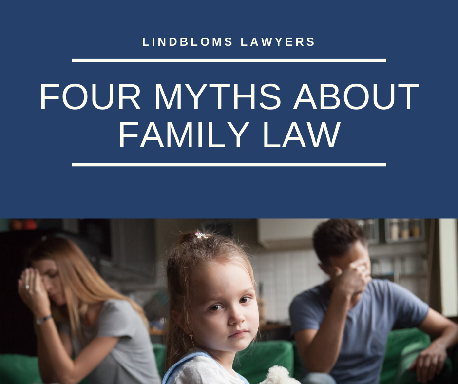 four myths about family law in white text and a picture of a child in the centre and sad parents in the background